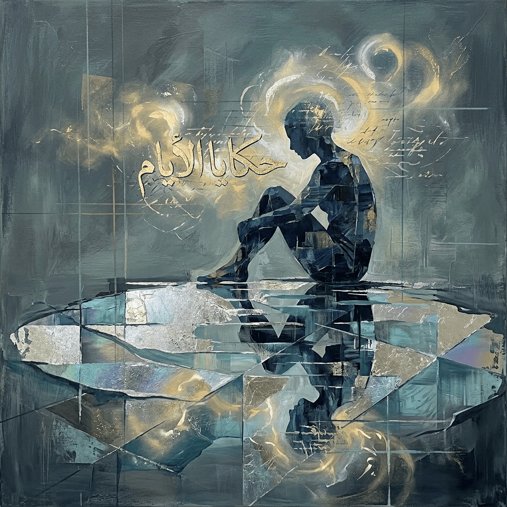 Silhouette of a seated figure reflecting on fragmented, mirror-like surfaces with glowing abstract light swirls
